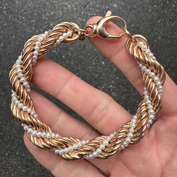 HONORA Cultured Pearl & Bronze Bracelet Rose Gold Tone Twist Rope Italy 8" - Picture 4 of 12